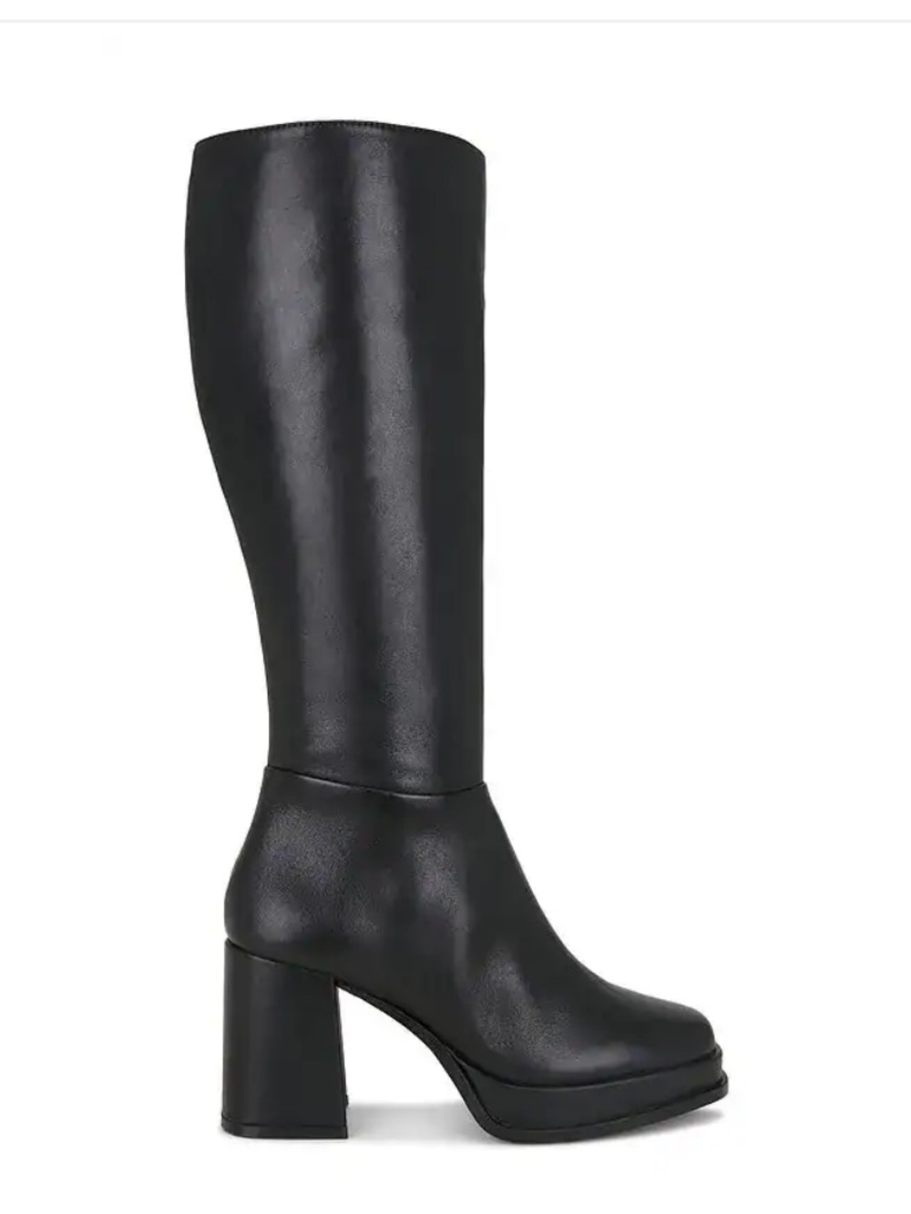 Steve Madden Mystery Boots Black Leather knee high Block Heel Revolve 10